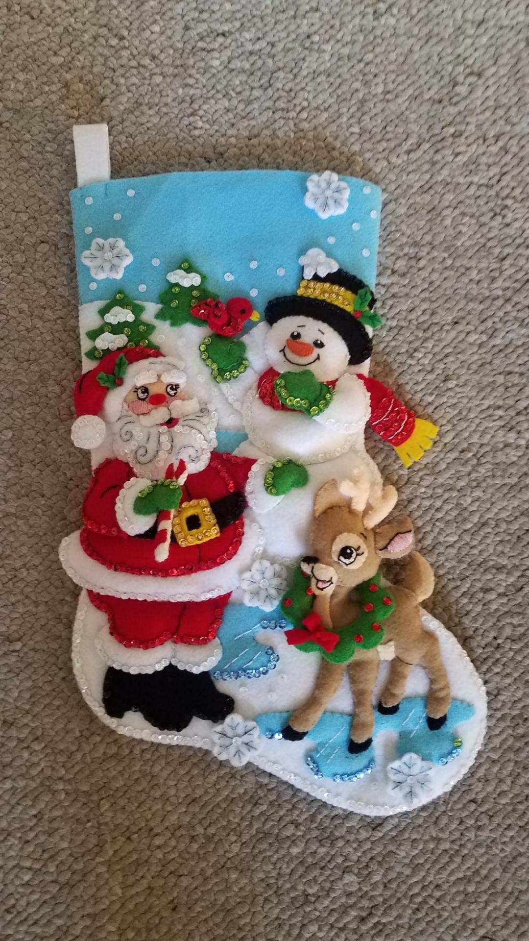 Bucilla Santa Deer Snowman Animal Trees Deer Rabbit Raccoon Sock Felt Appliqué Sequin Bead Christmas Stocking Sock, hand made, lined 