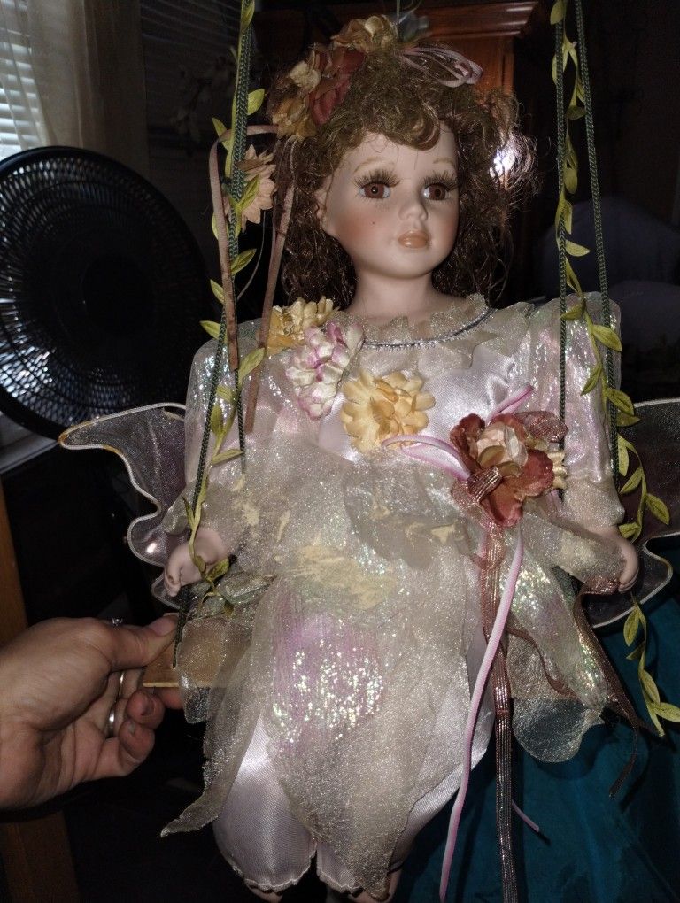 Beautiful Porcelain Doll Farie on A Swing