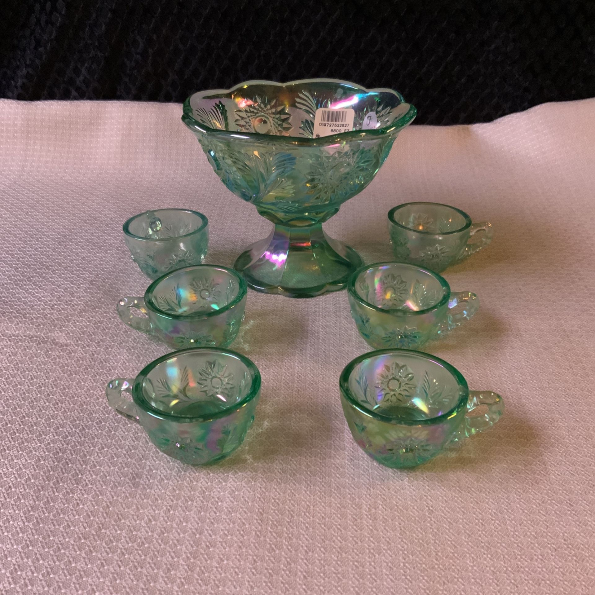FENTON BLUE GREEN IRIDESCENT MINI PUNCH BOWL SET WITH SIX CUPS