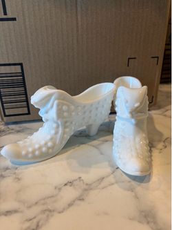 Fenton Hobnail Milk Glass Slipper Shoes with Cat Head bust