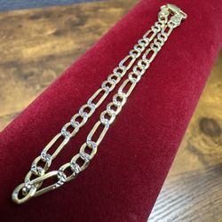 7” 3.4mm Figaro Link Two Tone Yellow Gold over 925 Sterling Silver Bracelet