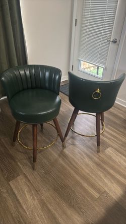 Set of 2 Modern Green w/ Gold Trim Faux Leather Swivel Counter Height Bar Stools - Retail $300