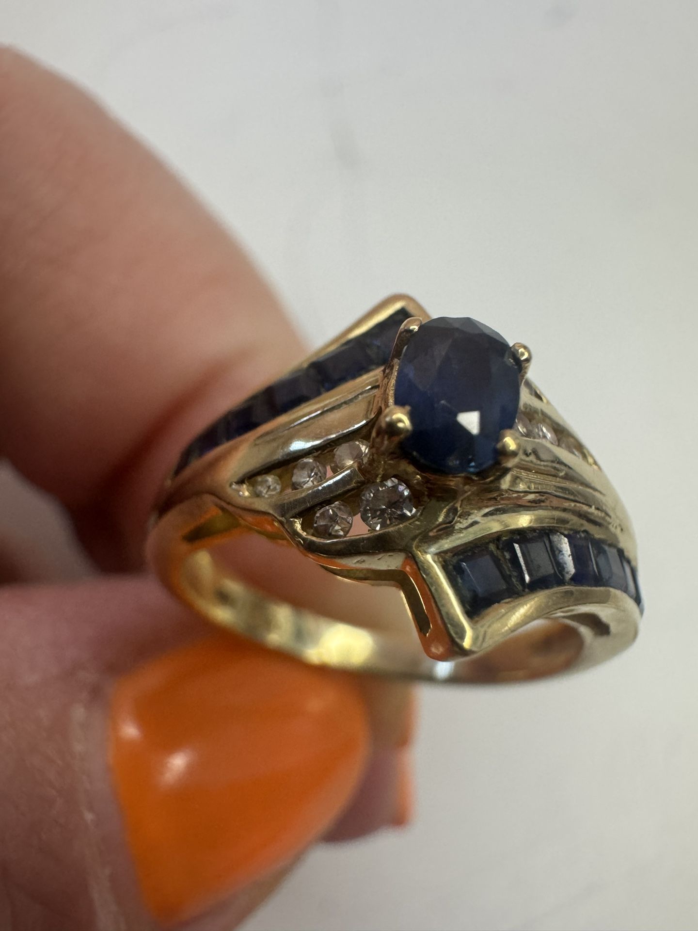 Vintage 14k yellow gold 585 Natural Sapphire , Diamonds Ring , weight 3,6 grams , size 6