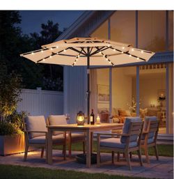 9FT 3Tiers Solar LED Patio Umbrella with Base,