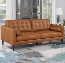Tan Leather Tufted Mid-Century Sofa