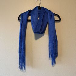 Women Blue Metallic Thread Mesh Like Texture Fringe Ends Scarf Wrap, Size 84x24