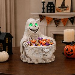 Halloween Ghost Storage Bowl Figurine, Spooky Candy Dish with LED Light for Halloween Party