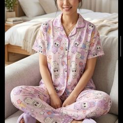 3-Piece Labubu Cartoon Bunny Satin Pajama Set Pink Button Short Sleeve Women size

4