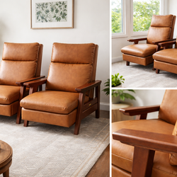 2-Mid Century Modern Camel Vegan Leather Recliner - like New