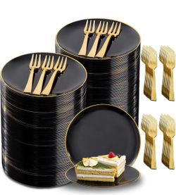 300Pcs Black Gold Dessert Plates 6.3" with Forks 5"- 150 PCS Small Disposable Dessert/Cake/Appetizer Plates and 150 PCS Forks - Serve 150 Guests for B