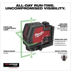 Milwaukee Green 100 ft. Cross Line and Plumb Points Rechargeable Laser Level with REDLITHIUM Lithium-lon USB Battery and Charger