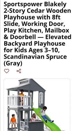 True story cedar wooden playhouse with 8 ft slide working door play kitchen mailbox and doorbell
