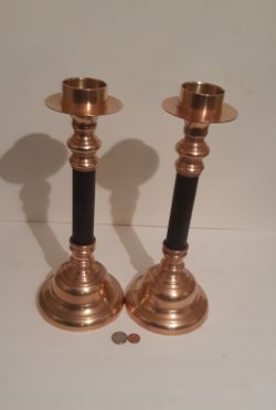 Vintage Metal Brass Set of 2 Candlestick Holders, 14" Tall and 5 1/2" Base Size, Holds 2" Candles, Table Display, Home Decor, Shelf Display Thumbnail
