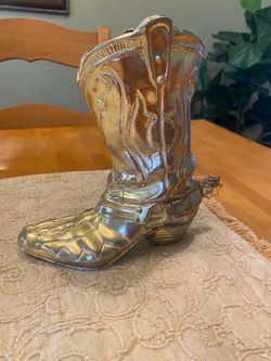 Metal cast iron gold painted cowboy boot with spur. Vase / planter. 9 x 9 inch. Southwest / rustic.