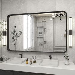 48” x 30” Large Rectangle Black Frame Mirror w/ Rounded Corners
