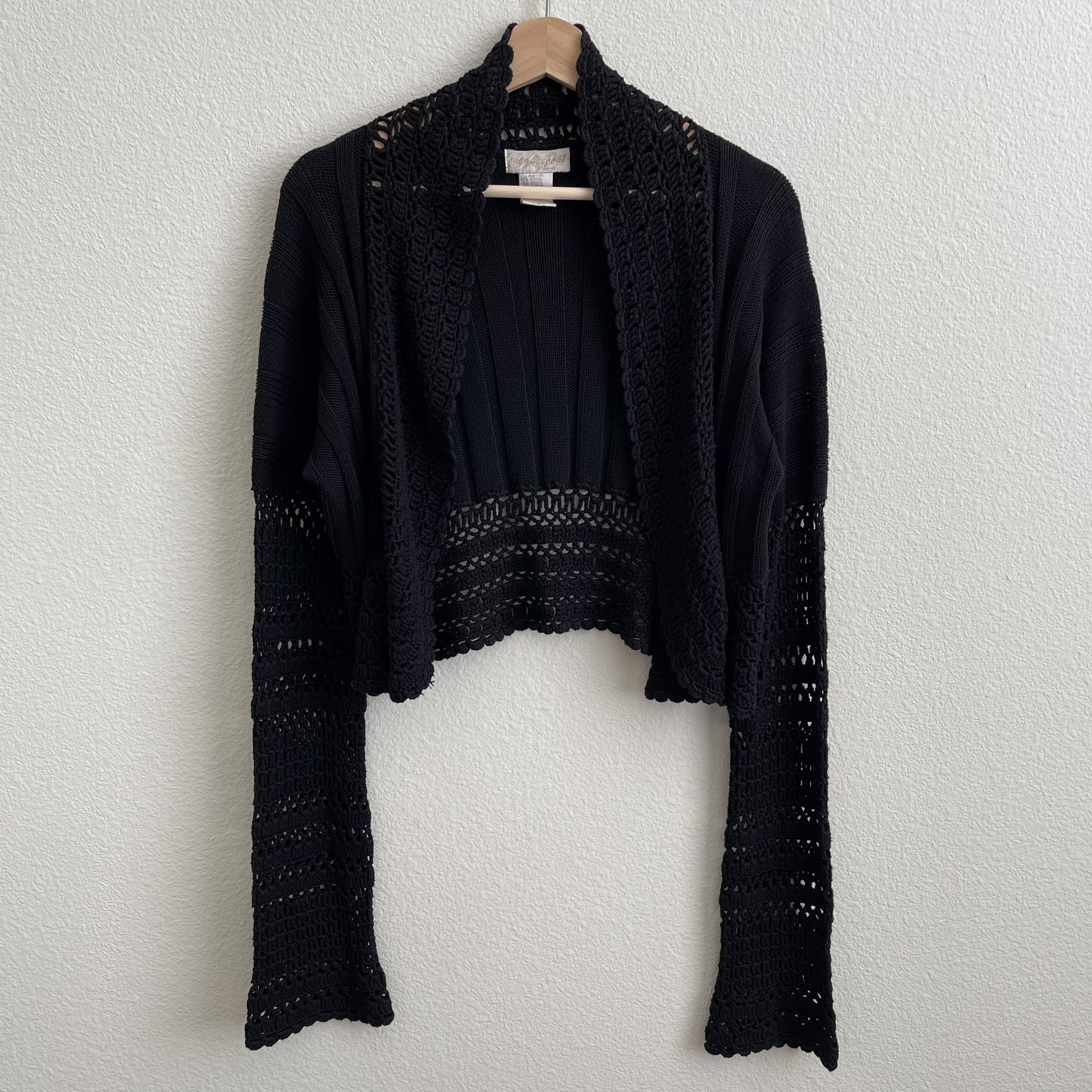 BABY PHAT Vintage Y2K Black Crochet Bell Sleeve Open Drape Cropped Cardigan