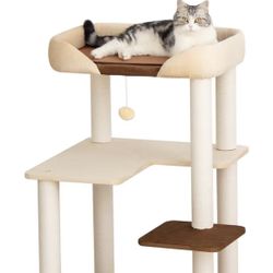 Modern Cat Tree for Large Cats – Sturdy, Wide Shelves, 37" Cream