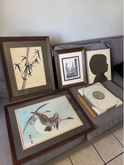Vintage Framed Art Lot – 5 Pieces (Asian Art, Silhouettes & More)