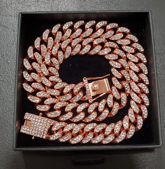 Gold Plated cubic zirconia diamond Cuban link chain/necklace - rose gold