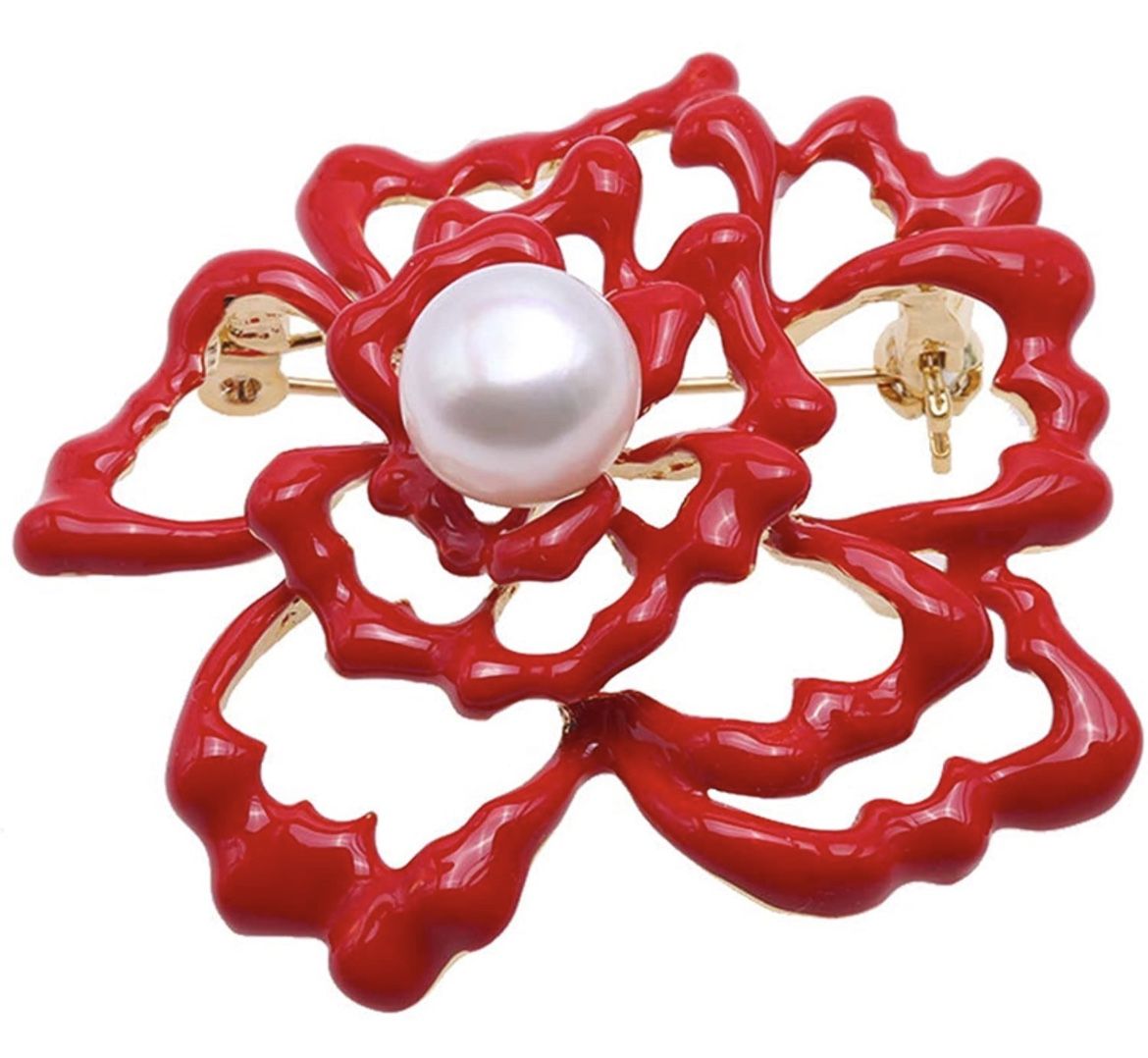 Pearl Brooch Flower Pin Round Freshwater Cultured White Pearl Brooch Red Pin Bridesmaid Brooch Pins for Women