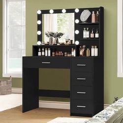 New Makeup Vanity Desk with Mirror and Lights,5 Drawers & Storage Shelves, 3 Color modes, Black