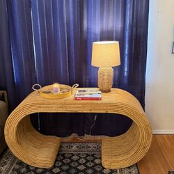1970s Bohemian Chic Scrolled Split Reed Bamboo Waterfall Console Table