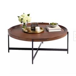 Brookline 42 in. Solid Acacia Wood Round Coffee Table with Black Metal Legs, Rustic Industrial Living Room Furniture