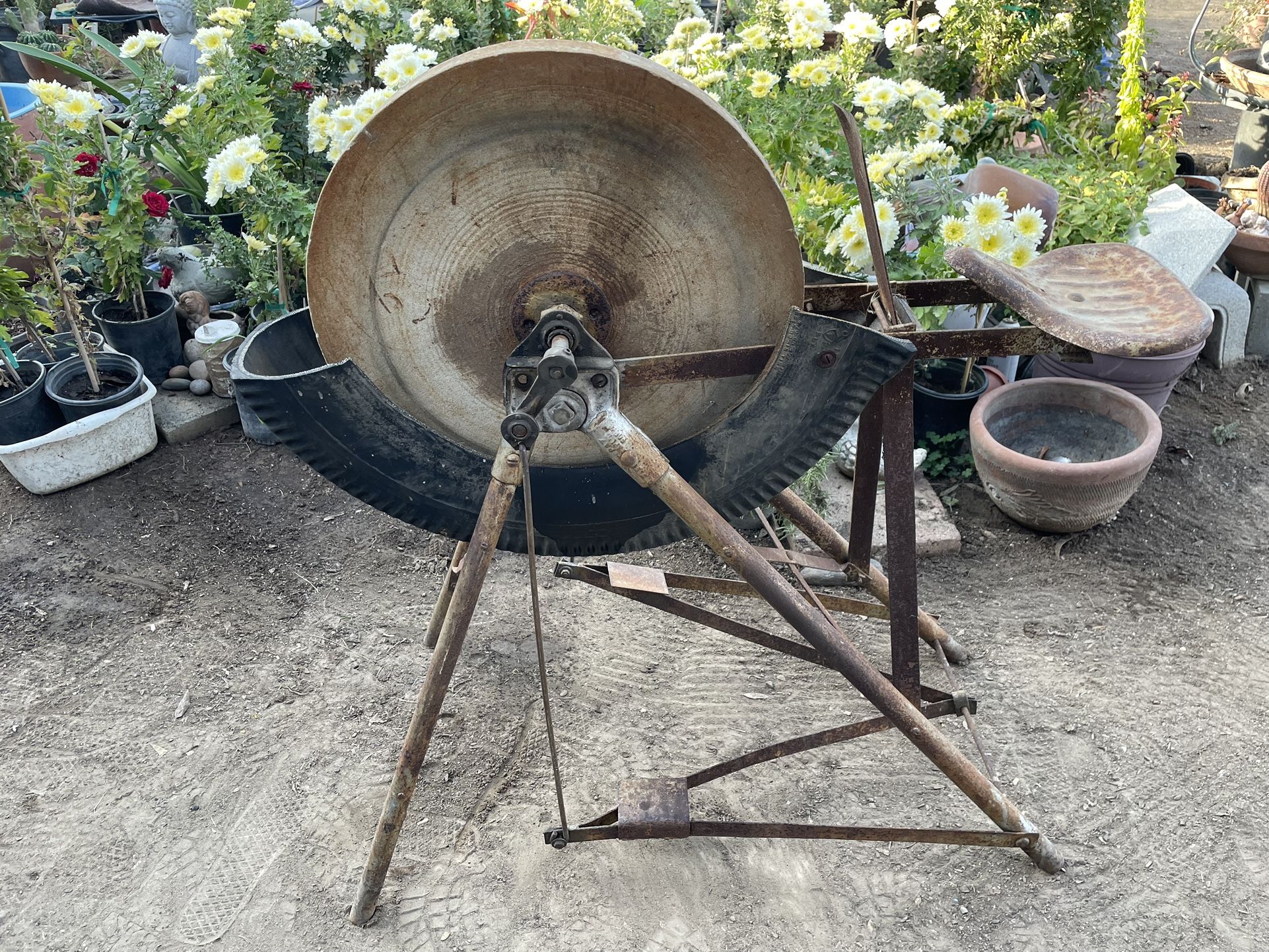 Antique Grinding Stone Pedal Powered Wheel W/Seat