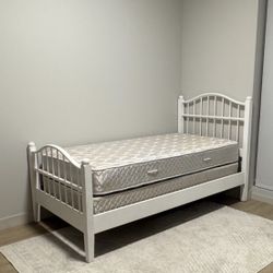 White Twin Bed Frame + Mattress – Excellent Condition