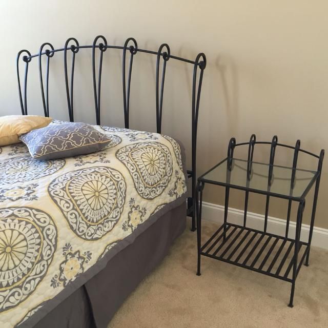 Pier One Queen Brown Wrought Iron Sleigh Bed Frame, 1 Side Table, 1 Bench