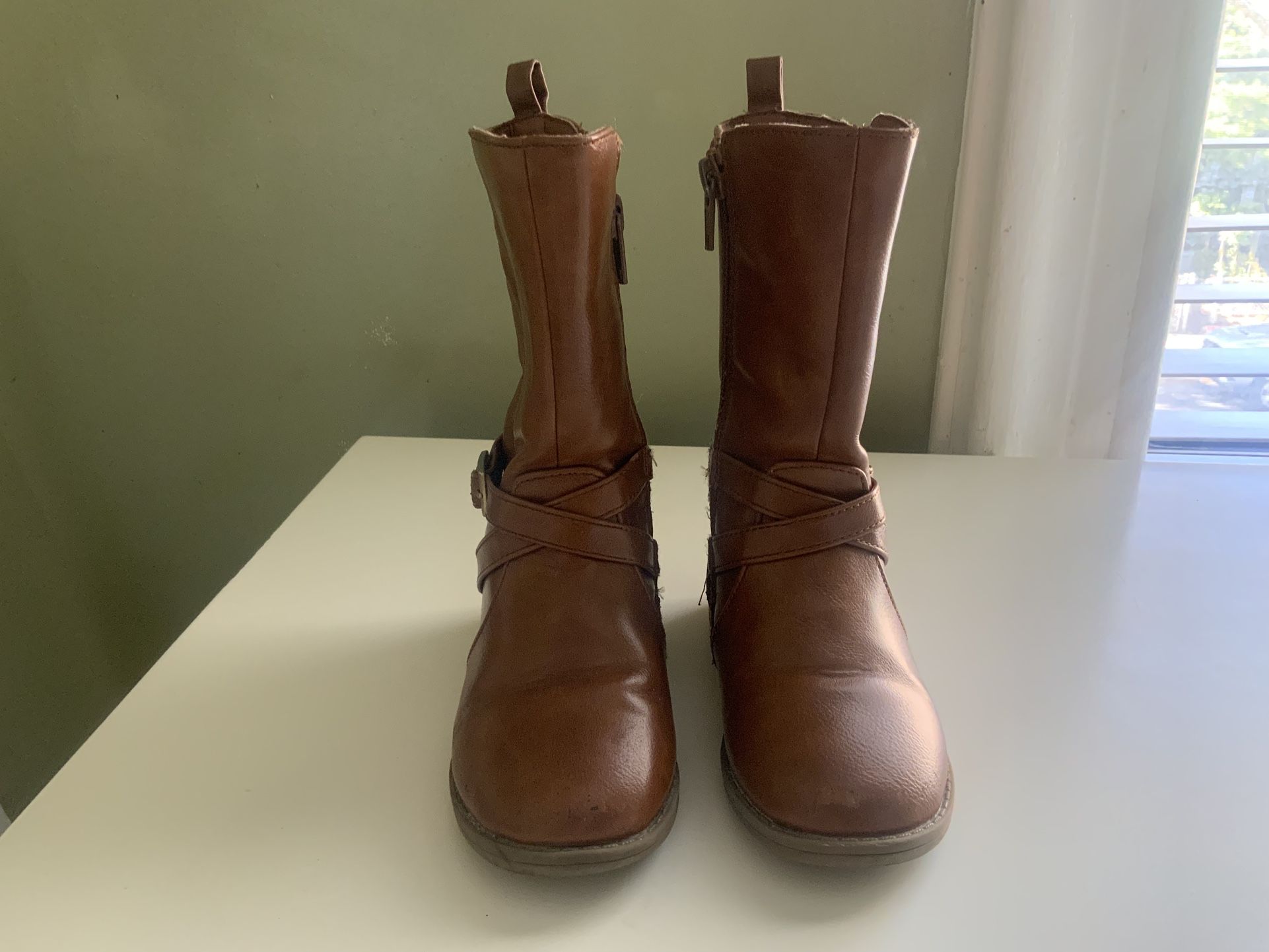 Childrens Place Boots Toddler Girls 7 Brown Tan Faux Leather Tall Buckle