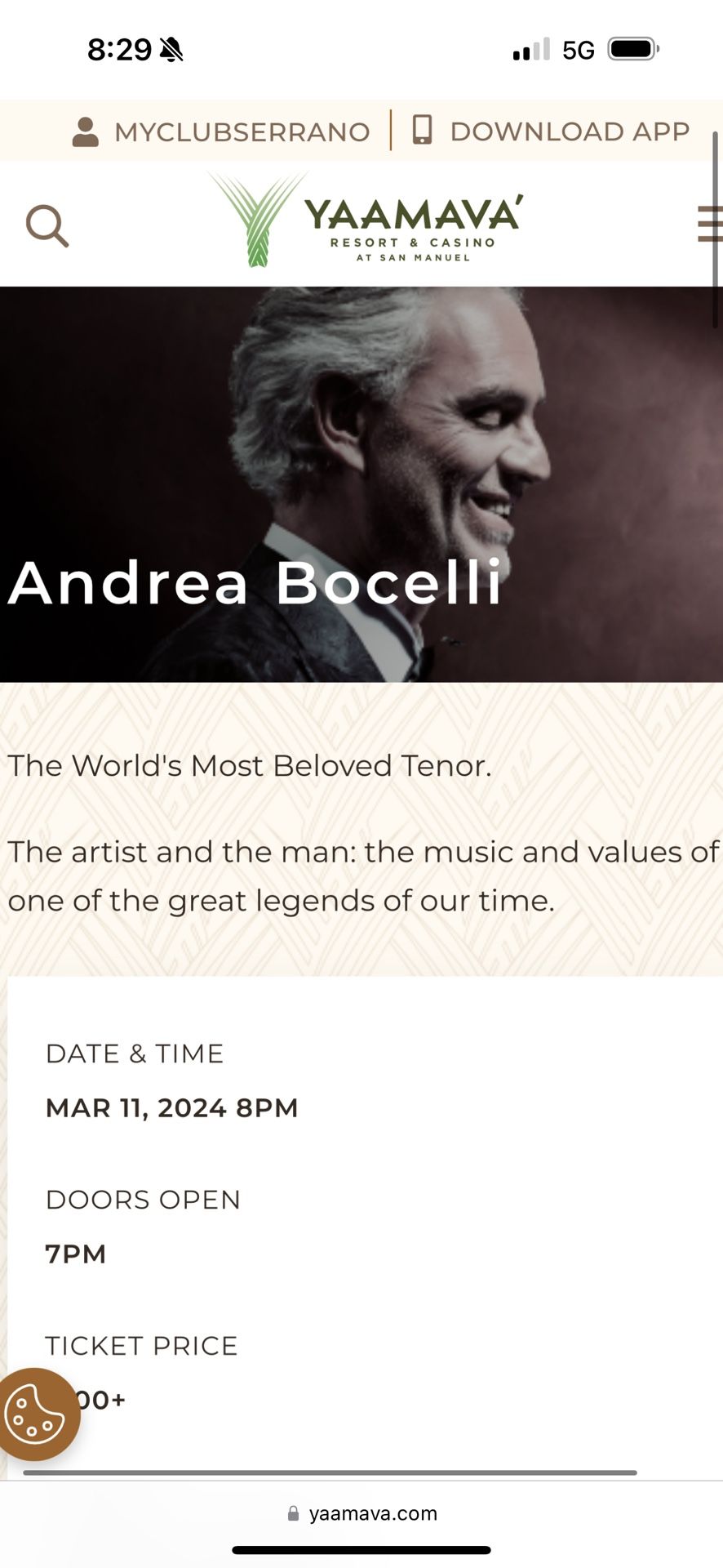 Selling 2 tickets To Andrea Bocelli