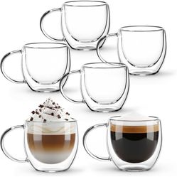 6 Pack 2.7oz Double Walled Glass Coffee Mugs with Handles, Clear Glass Coffee Mugs, Insulated Borosilicate Cups, Insulated Layer Coffees Cups for Capp
