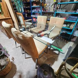 Mid-Century 1967 Howell Kitchen table set with mustard colored chairs, Metal Frame with glass top.