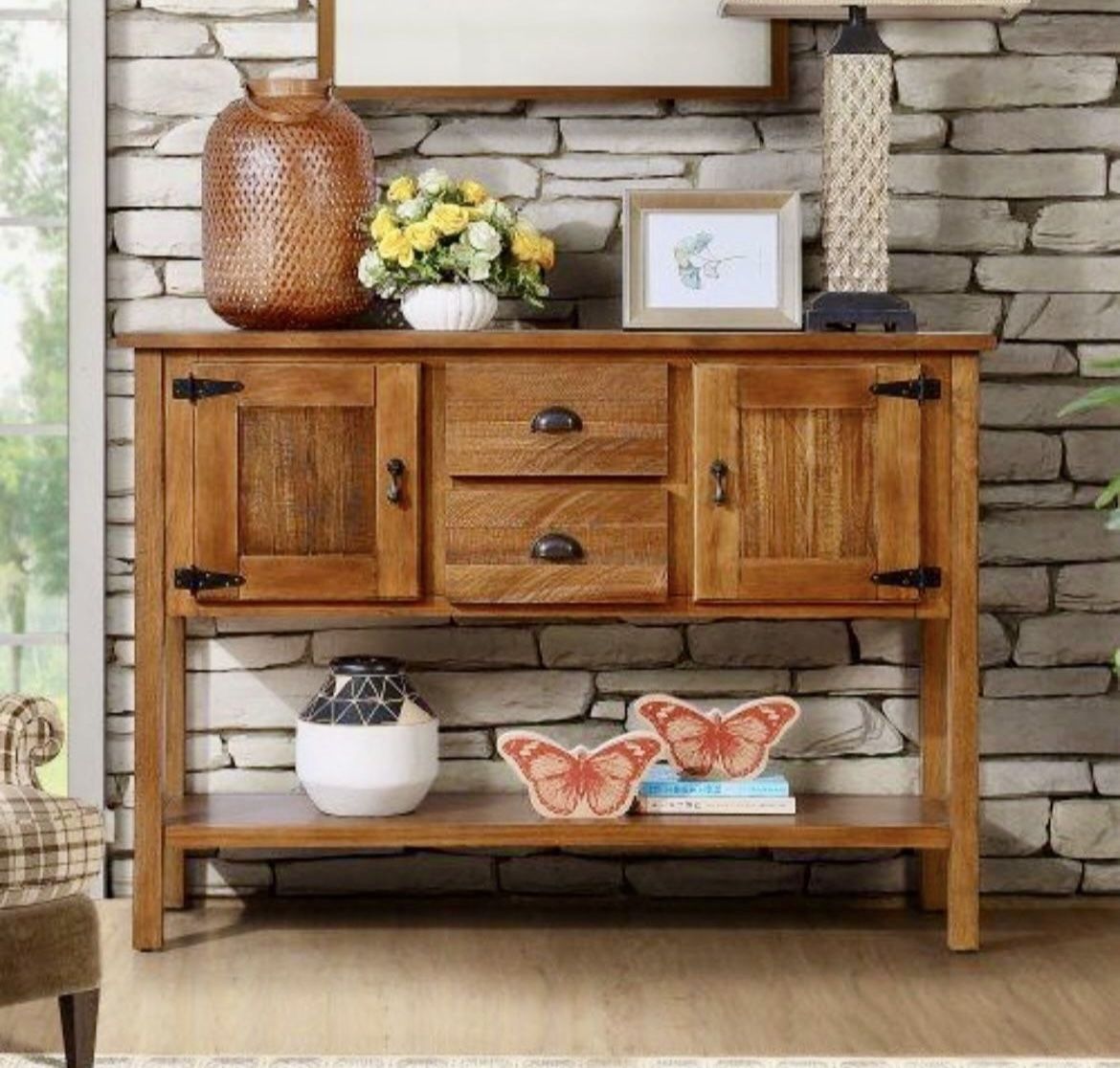 NEW Brown Freestanding Wood 48 in. Storage Buffet Sideboard Console with 2-Drawers and 2-Cabinets and Open Bottom Shelf