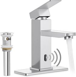 Homikit Touchless Bathroom Sink Faucet with Pop Up Drain & Deck Plate, Stainless Steel Automatic Motion Sensor Bathroom Faucets, Sensor Vanity RV Lava