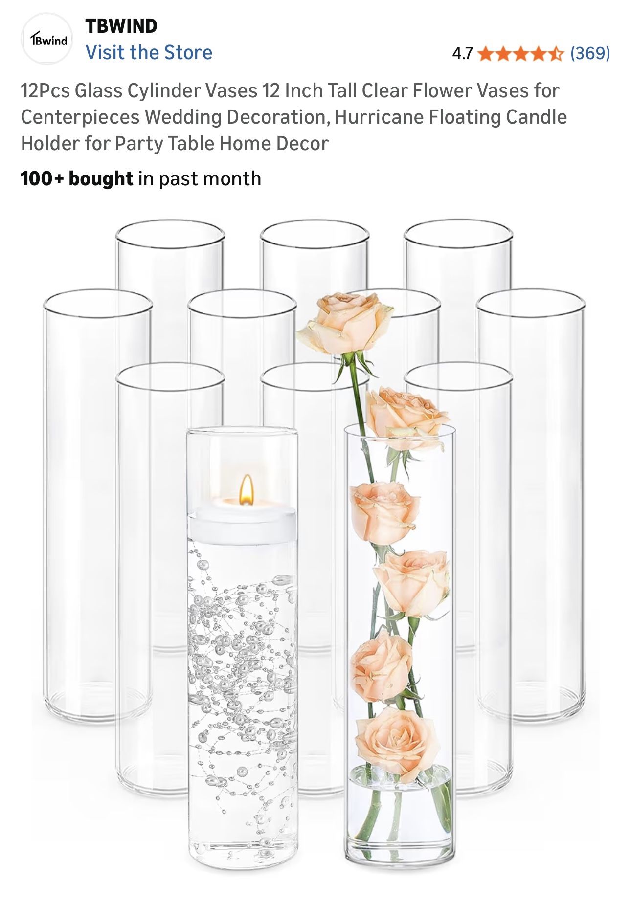$40 Brand New 12Pcs Glass Cylinder Vases 12 Inch Tall Clear Flower Vases for Centerpieces Wedding Decoration, Hurricane Floating Candle Holder for Par