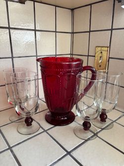 Ruby Red Glass Pitcher with Etched Stemware Set from Princes house