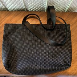 Chilewich Brown Woven Tote, Leather Straps 18”H x 11”W