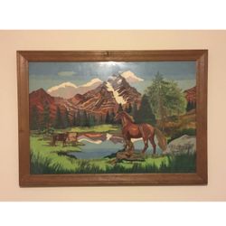 Large Vintage Native American/Western, Horse Framed Picture Approx 40" X 29"