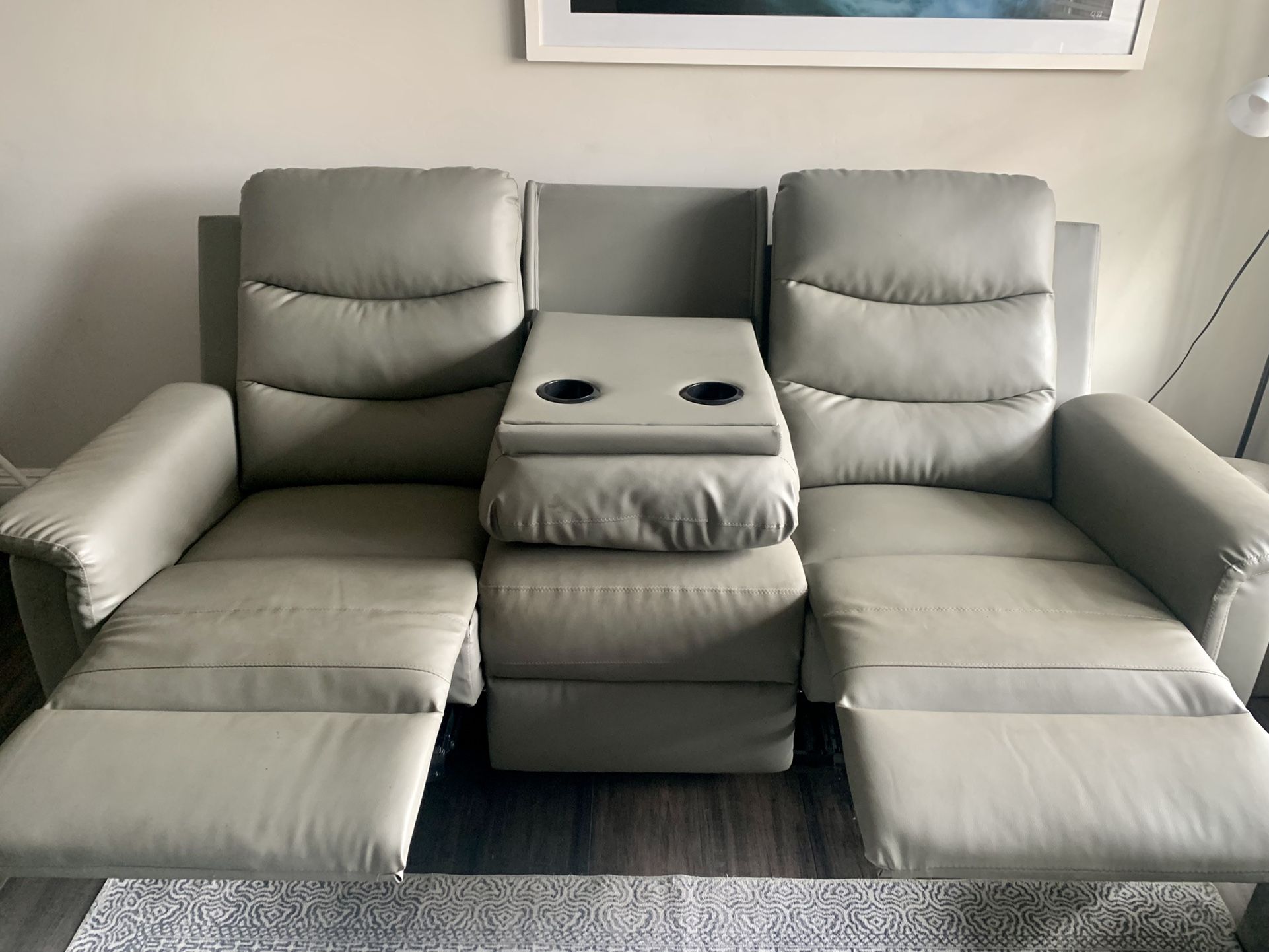 Leather Couch 3 Seater w/ Recliner and Cup Holder