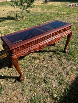 Carved Wood Console Table with Glass Top