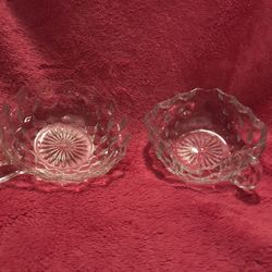 Vintage Fostoria American Clear Cube Glass Round and Square Handled Nappy Candy Dish Set FLAWLESS!