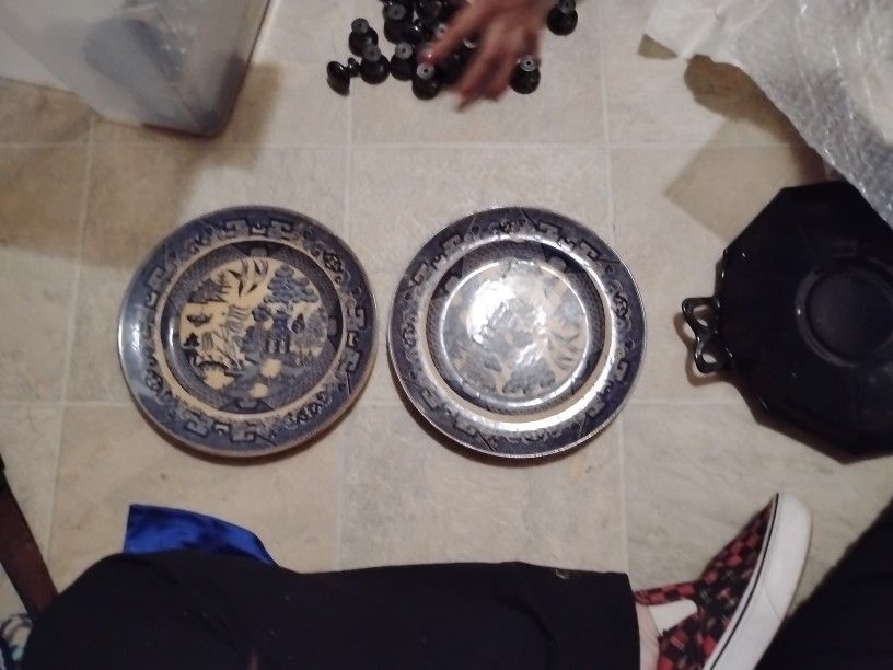 Two Mint Cond Pieces - Black Willow Pattern Transferware Plate Warranted Staffordshire I.C. & Co.