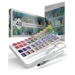 GenCrafts Watercolor Paint Palette 48 Premium Colors with Paper Pad - 2 Refillable Brush Pens - 15 Sheets of Water Color Paper