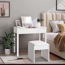 LDAILY Vanity Table Set w/Flip Top Mirror, 2-in-1 Table with Cushioned Stool & 2 Drawers