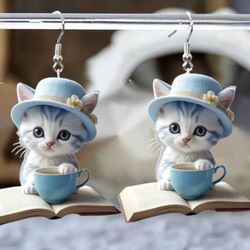 Fashionable Acrylic Cat & Coffee Cup Pendant Earrings, Perfect Gift For Book Lovers