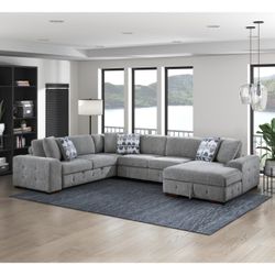 Brand New Light Gray Chennille U Sectional With Sleeper Sofa And Storage Chaise (143 x 112 x 35H)