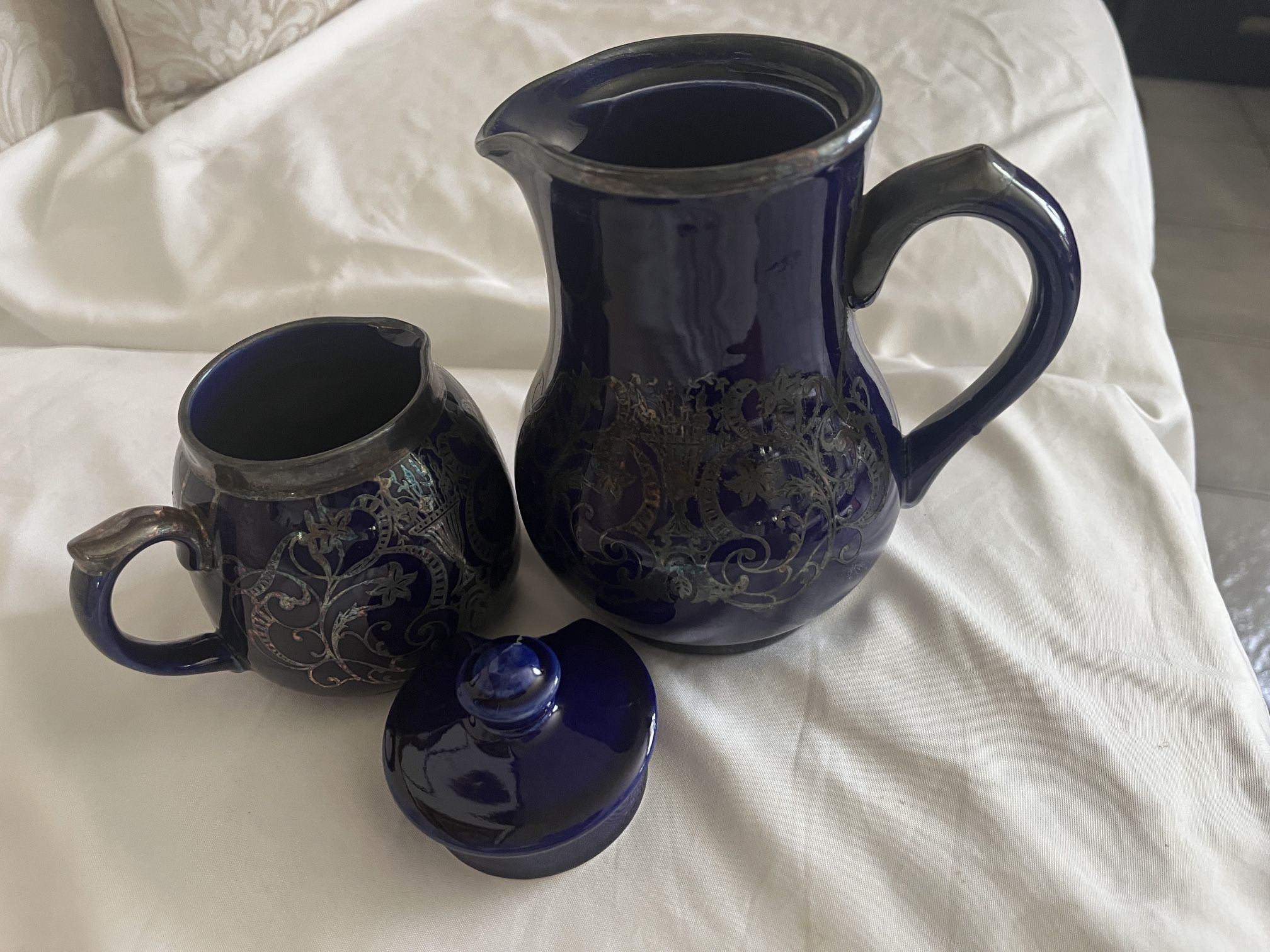 Vintage Blue Ceramic Pitcher and Sugar Bowl Set