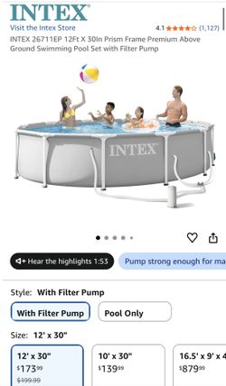 INTEX 26711EP 12Ft X 30ln Prism Frame Premium Above Ground Swimming Pool Set with Filter Pump
